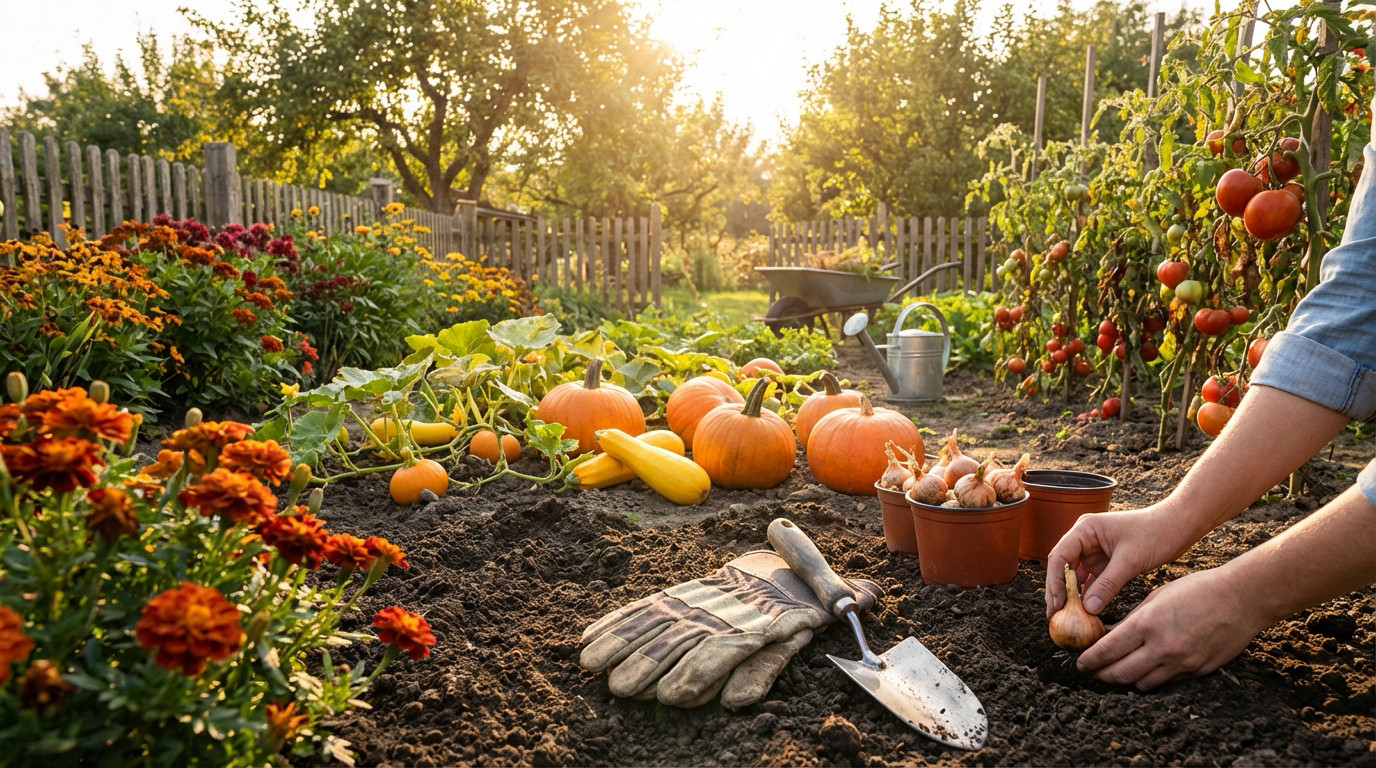 Jardin en septembre avec légumes d'hiver et paillage pour sol fertile