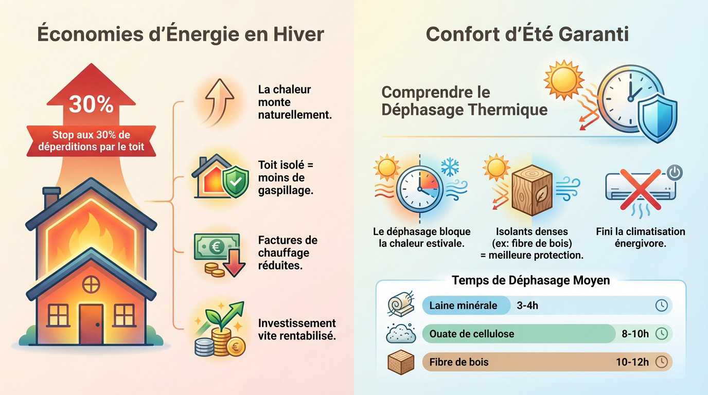 Schéma illustrant les bénéfices de l'isolation toiture pour le confort thermique hiver et été