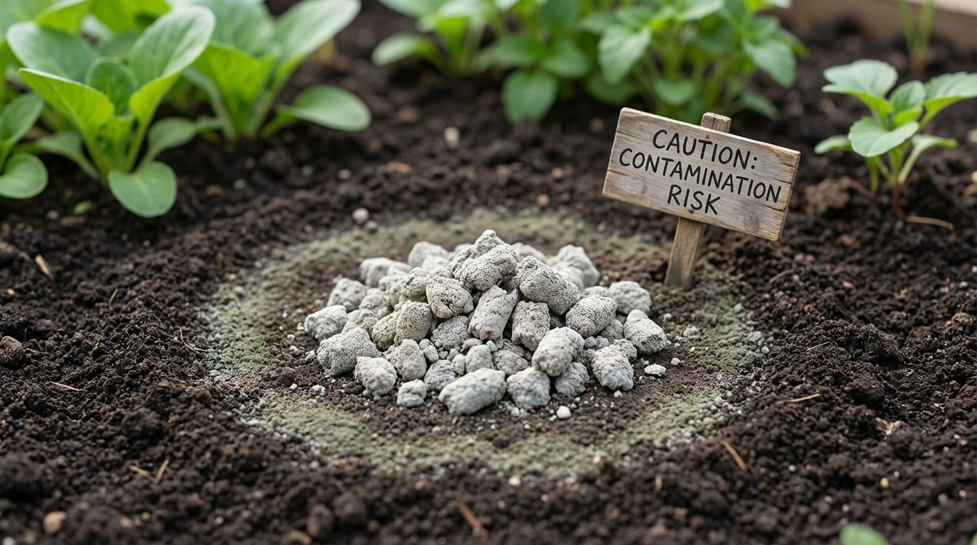 Chat près d'un jardin avec litière, soulignant les dangers de jeter la litière au jardin