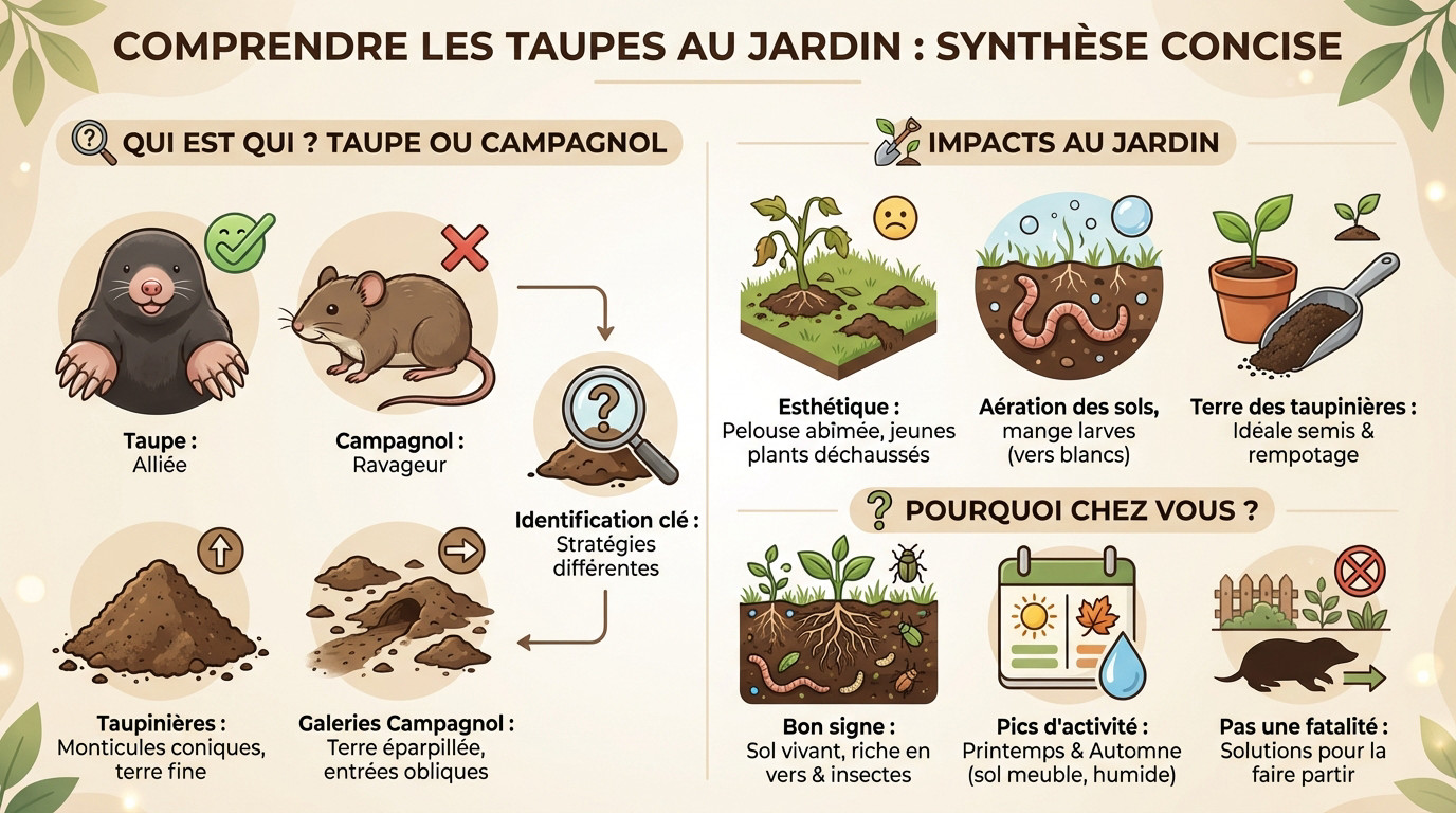Schéma comparatif illustrant la différence entre une taupinière conique et les traces d'un campagnol