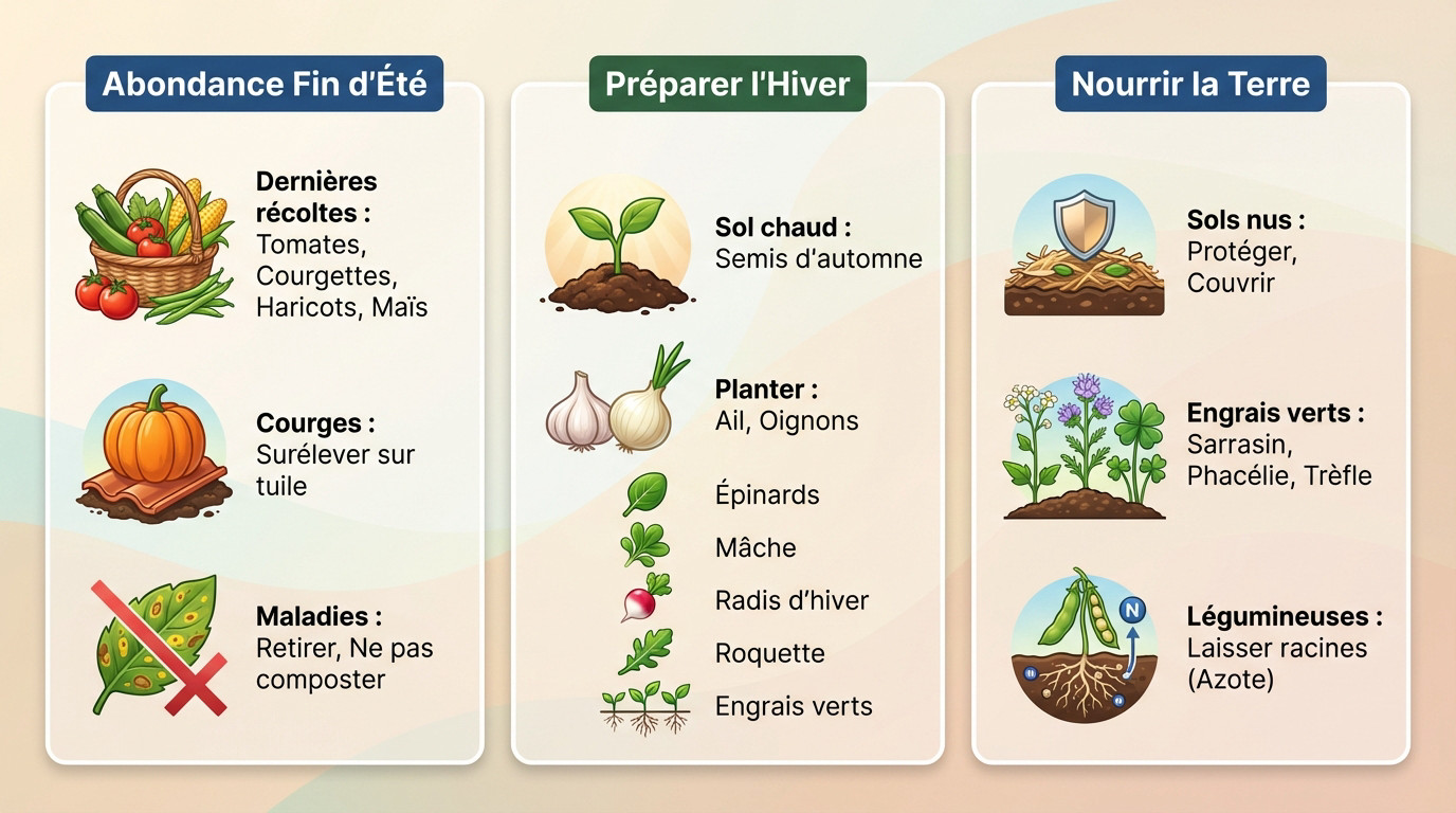 Jardinier nourrissant la terre du potager avec du paillis et des engrais verts en septembre