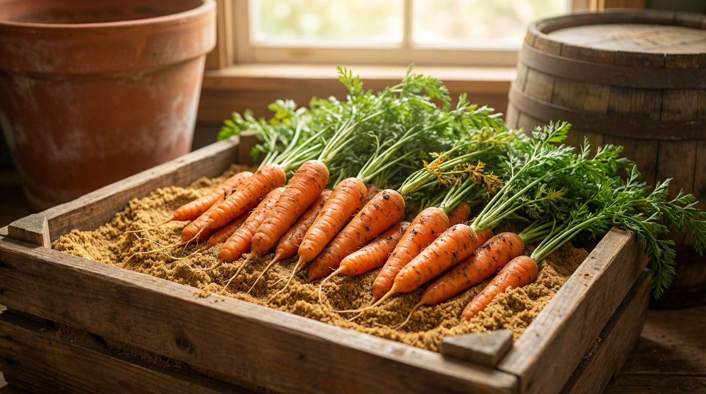 Carottes fraîches du jardin prêtes à être stockées dans du sable sec pour l'hiver