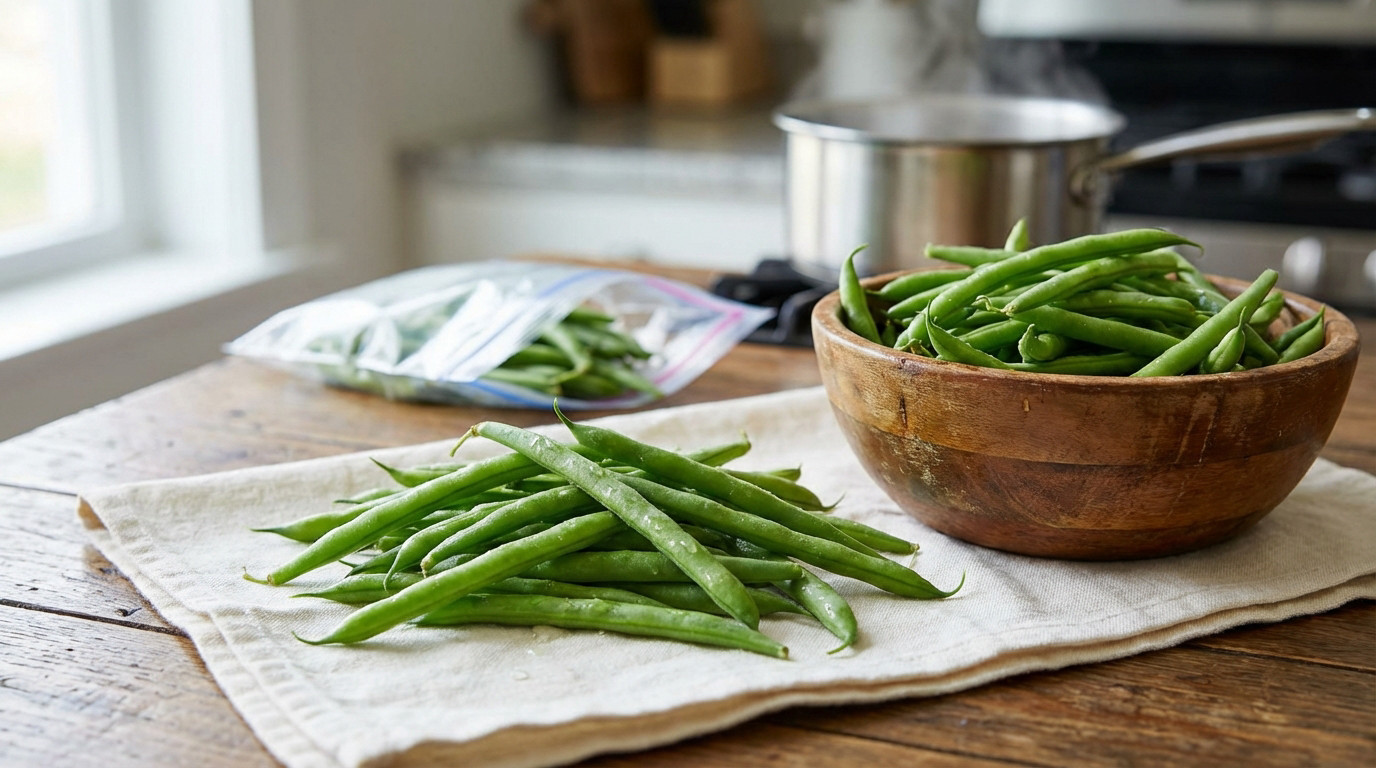 haricots verts frais du jardin prêts à être blanchis pour congélation
