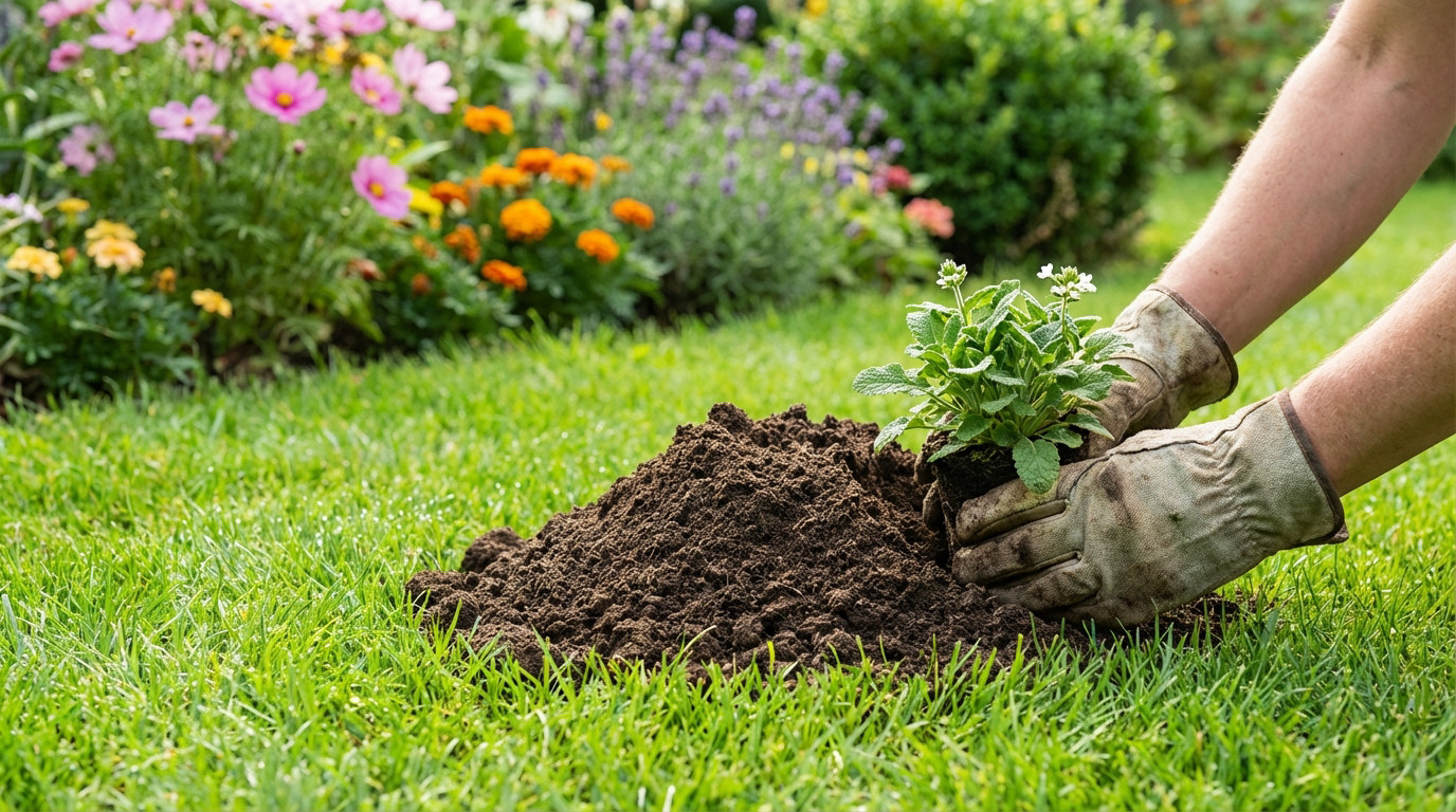 Monticules de terre coniques créés par des taupes dans un jardin