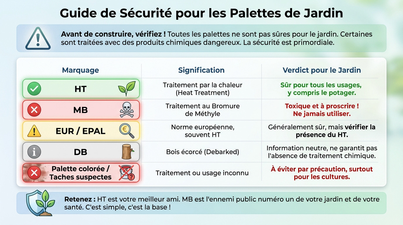Guide visuel pour identifier les palettes sûres et les marquages toxiques au jardin