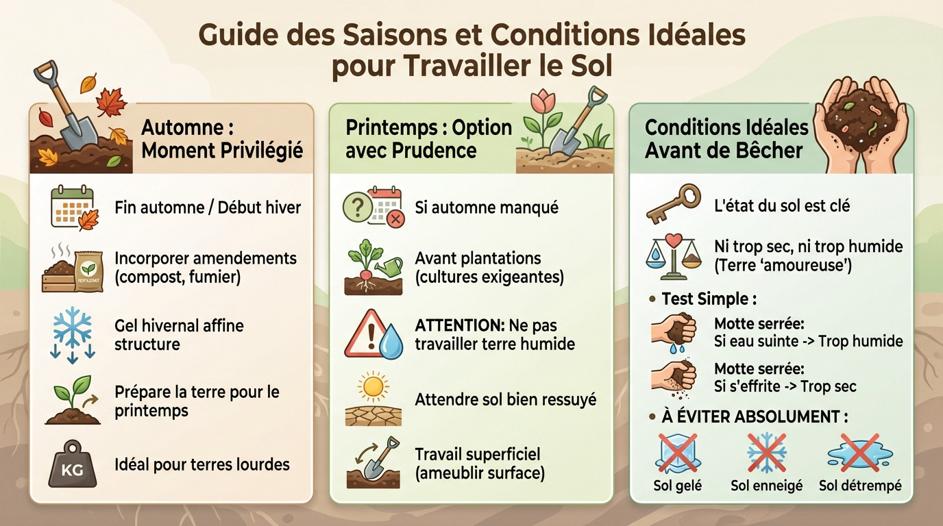 Schéma illustrant les conditions de sol idéales pour le bêchage selon les saisons