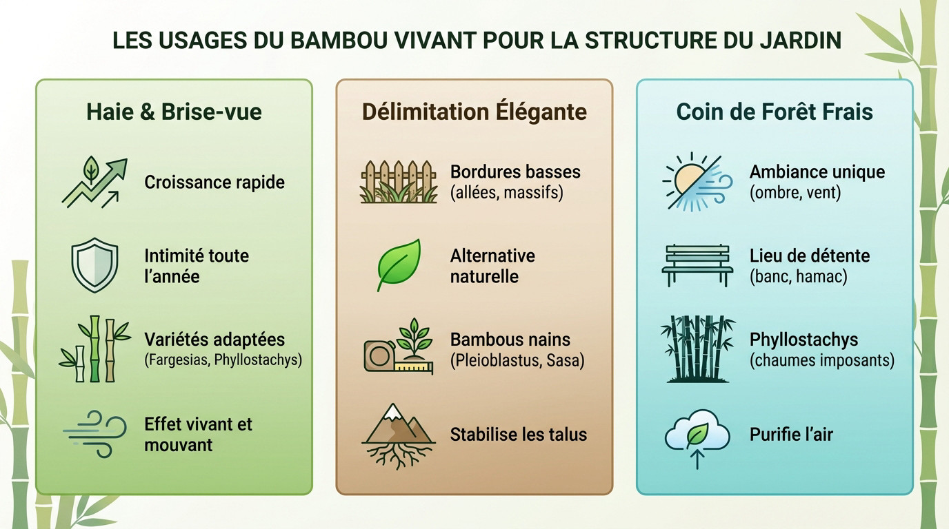 Aménagement paysager naturel montrant une haie de bambous denses et une bordure basse