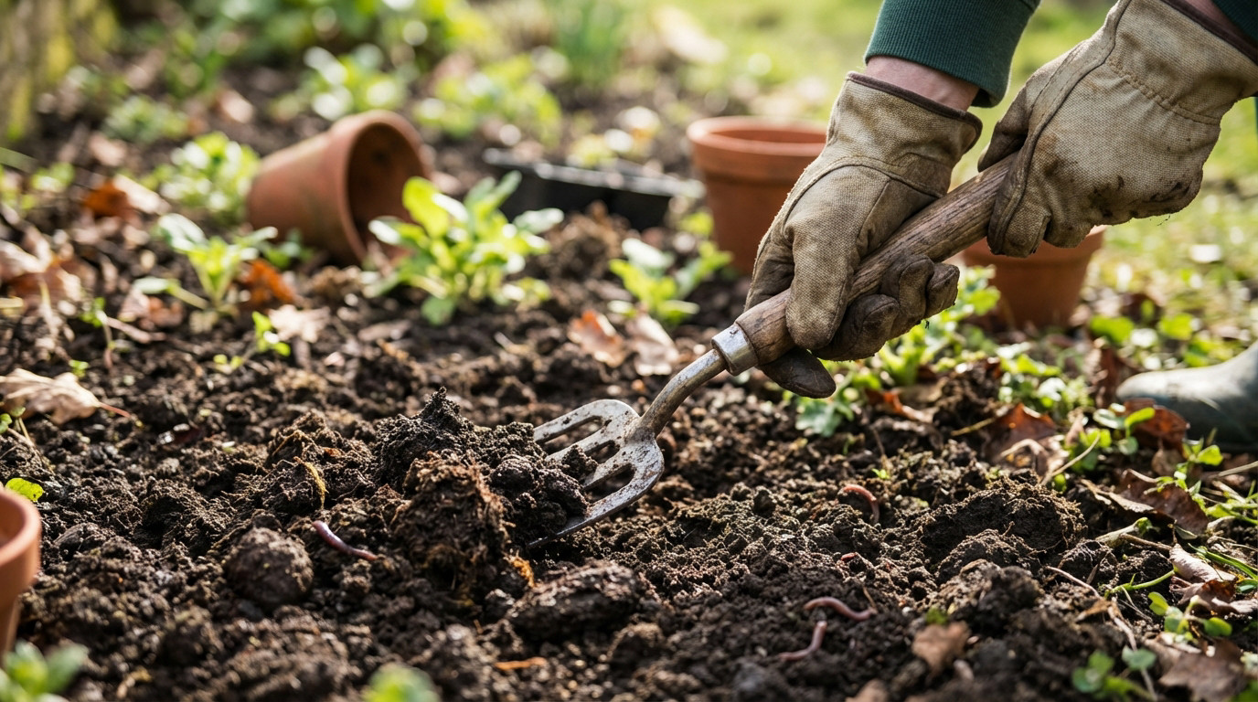Jardinier utilisant une grelinette pour aérer le sol argileux en automne