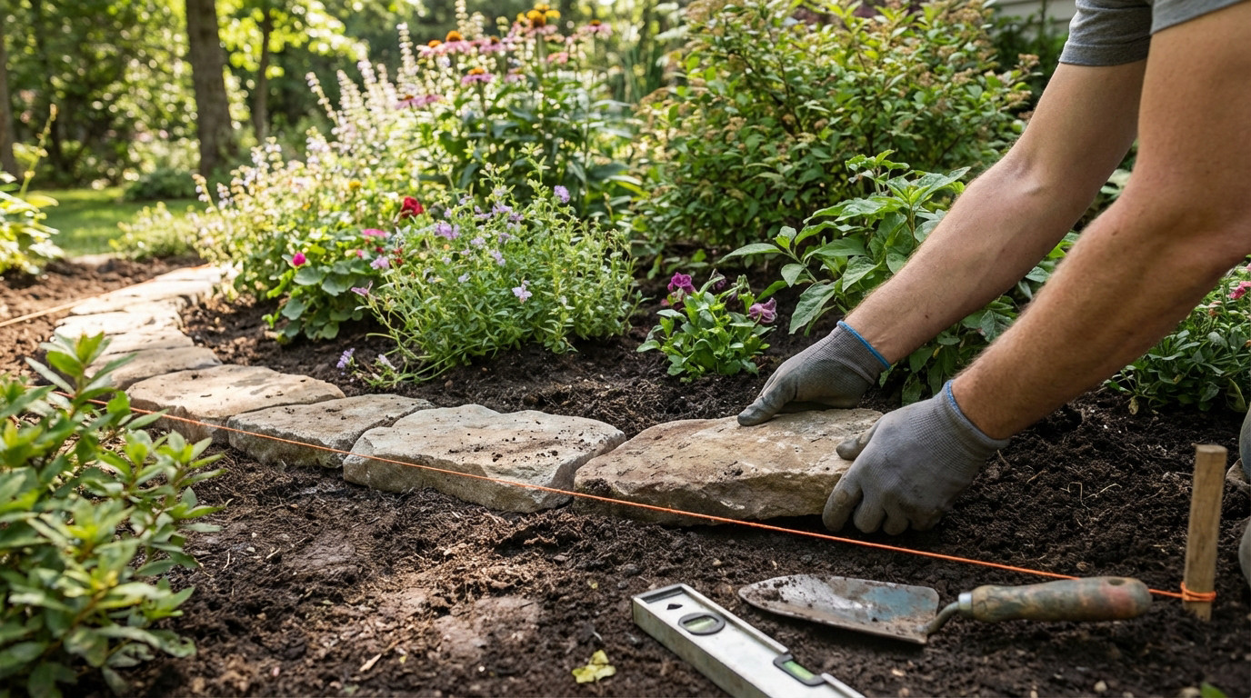 Bordures de jardin bien posées autour d'une allée, créant un paysage harmonieux