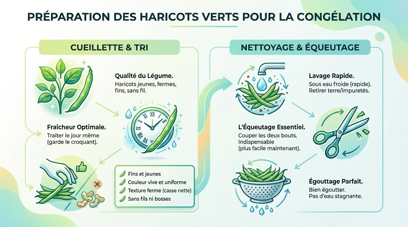 Panier de haricots verts fraîchement cueillis au jardin prêts pour le tri
