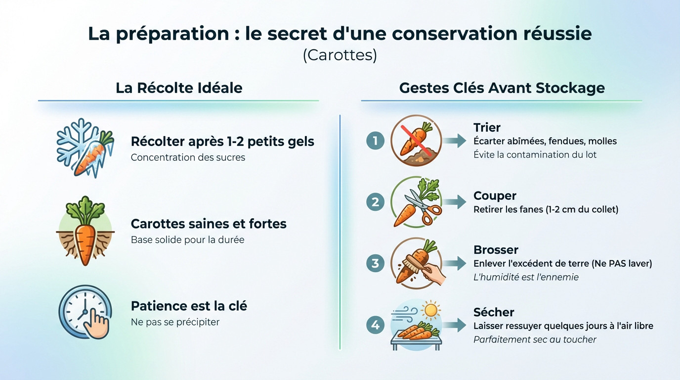 Brossage et préparation des carottes du jardin avant stockage