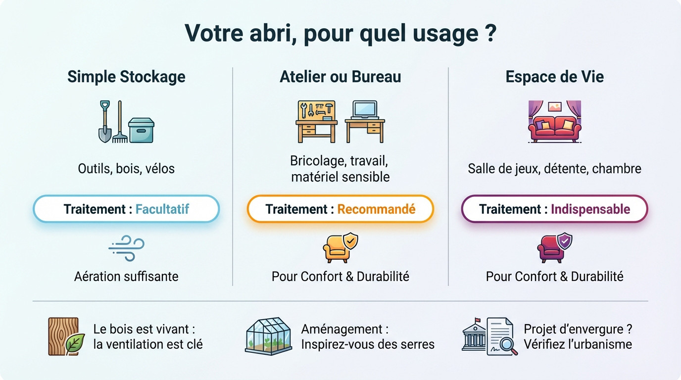Intérieur d'un abri de jardin en bois traité et aménagé