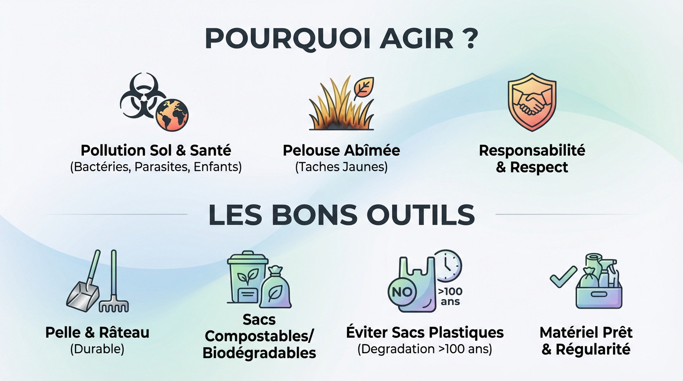 Propriétaire ramassant une crotte de chien dans l'herbe avec un sac biodégradable pour protéger le jardin
