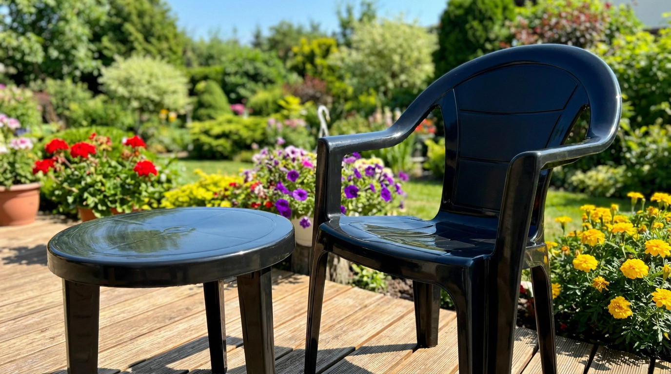 Salon de jardin en plastique noir rénové, éclat retrouvé après nettoyage et protection UV