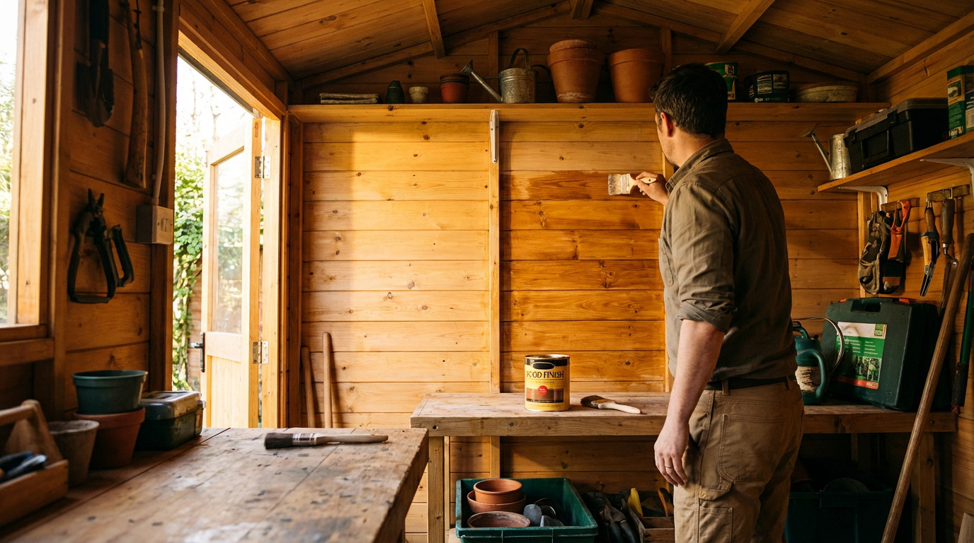 Abri de jardin en bois traité avec lasure pour protection intérieure