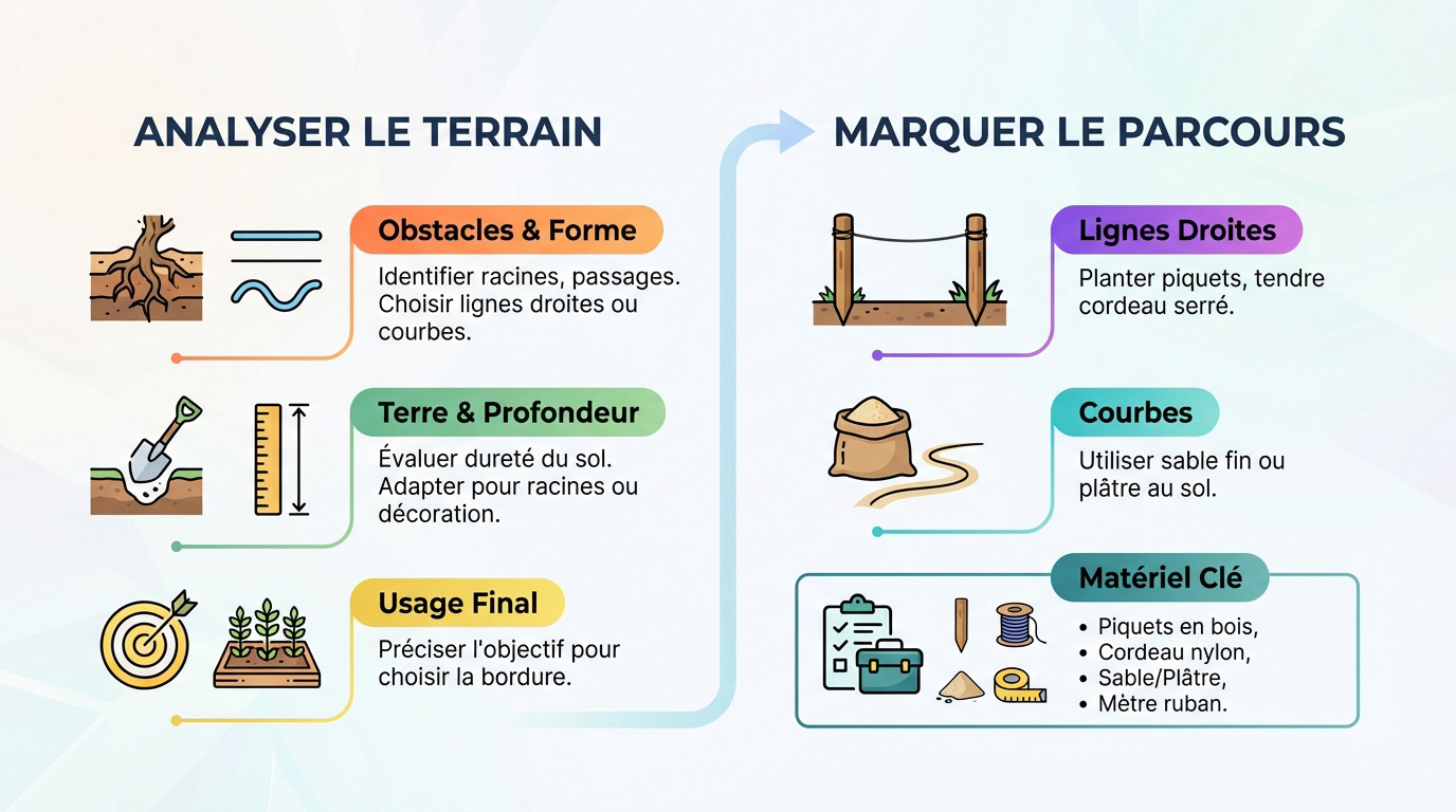 Tracé au cordeau pour installer des bordures de jardin