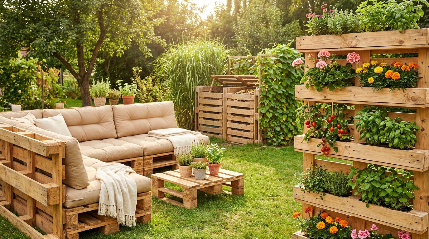 Palette en bois recyclé utilisée pour un potager vertical dans un jardin