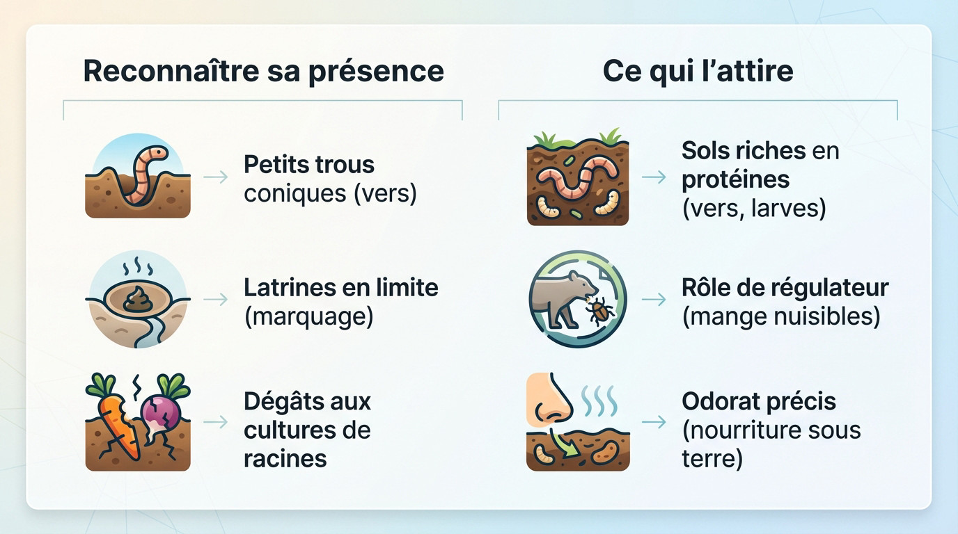Traces de passage d'un blaireau et trous coniques dans la terre d'un jardin