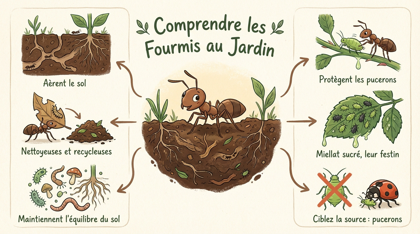 Fourmis s'activant dans la terre d'un jardin naturel