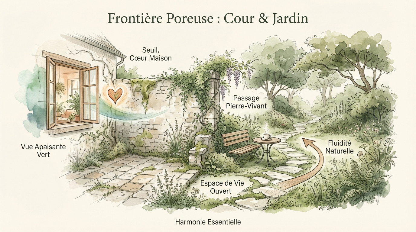 Aménagement paysager créant une transition douce entre une cour minérale et un jardin verdoyant