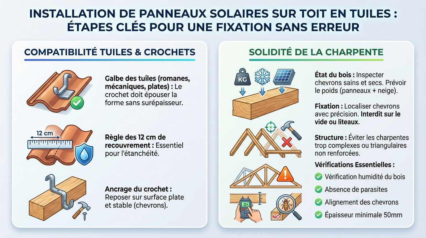 Installation sécurisée de panneaux solaires sur toiture en tuiles avec crochets adaptés