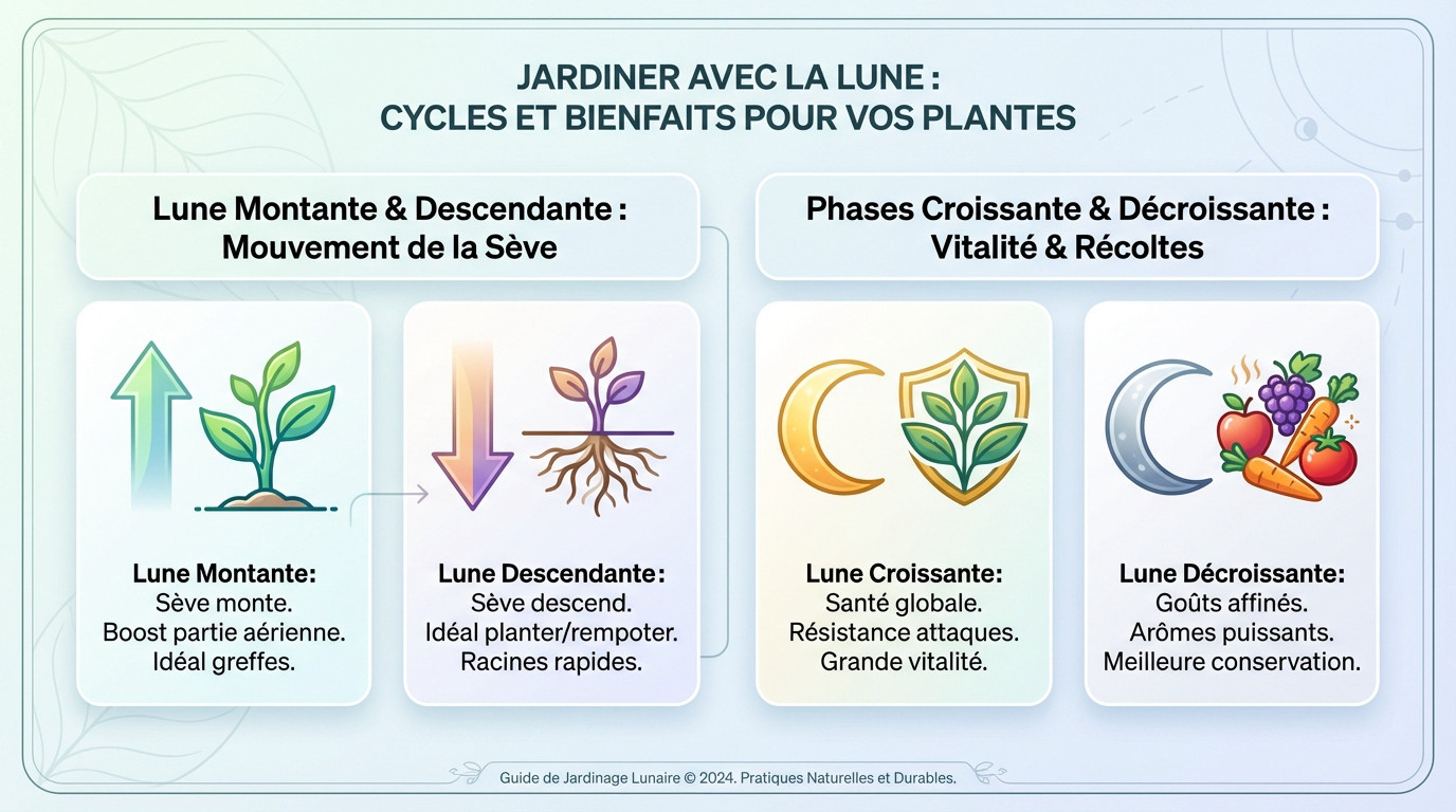 Schéma illustrant les cycles lunaires pour jardiner avec la lune : phases montante, descendante, croissante et décroissante au-dessus d'un potager verdoyant