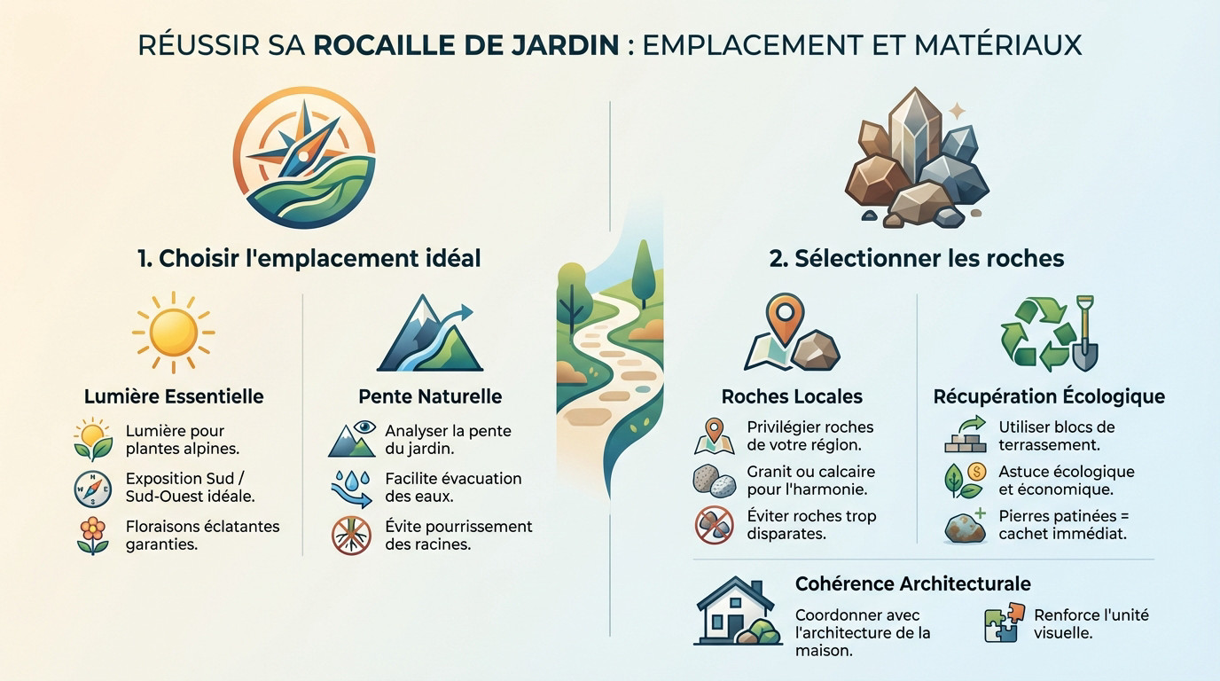 Aménagement d'une rocaille de jardin avec pierres locales et plantes alpines