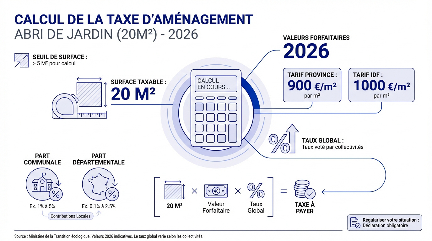 Calcul de la taxe d'aménagement pour un abri de jardin de 20m2 en 2026
