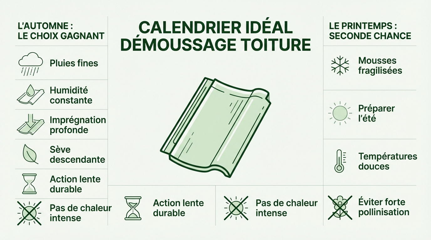 Calendrier saisonnier pour le traitement anti-mousse d'une toiture en terre cuite
