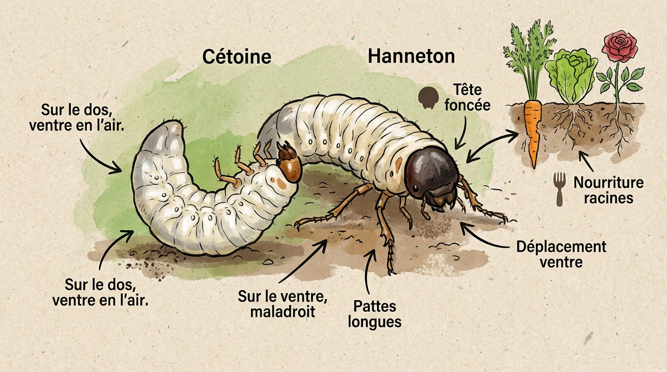 Comparaison visuelle entre une larve de cétoine et une larve de hanneton