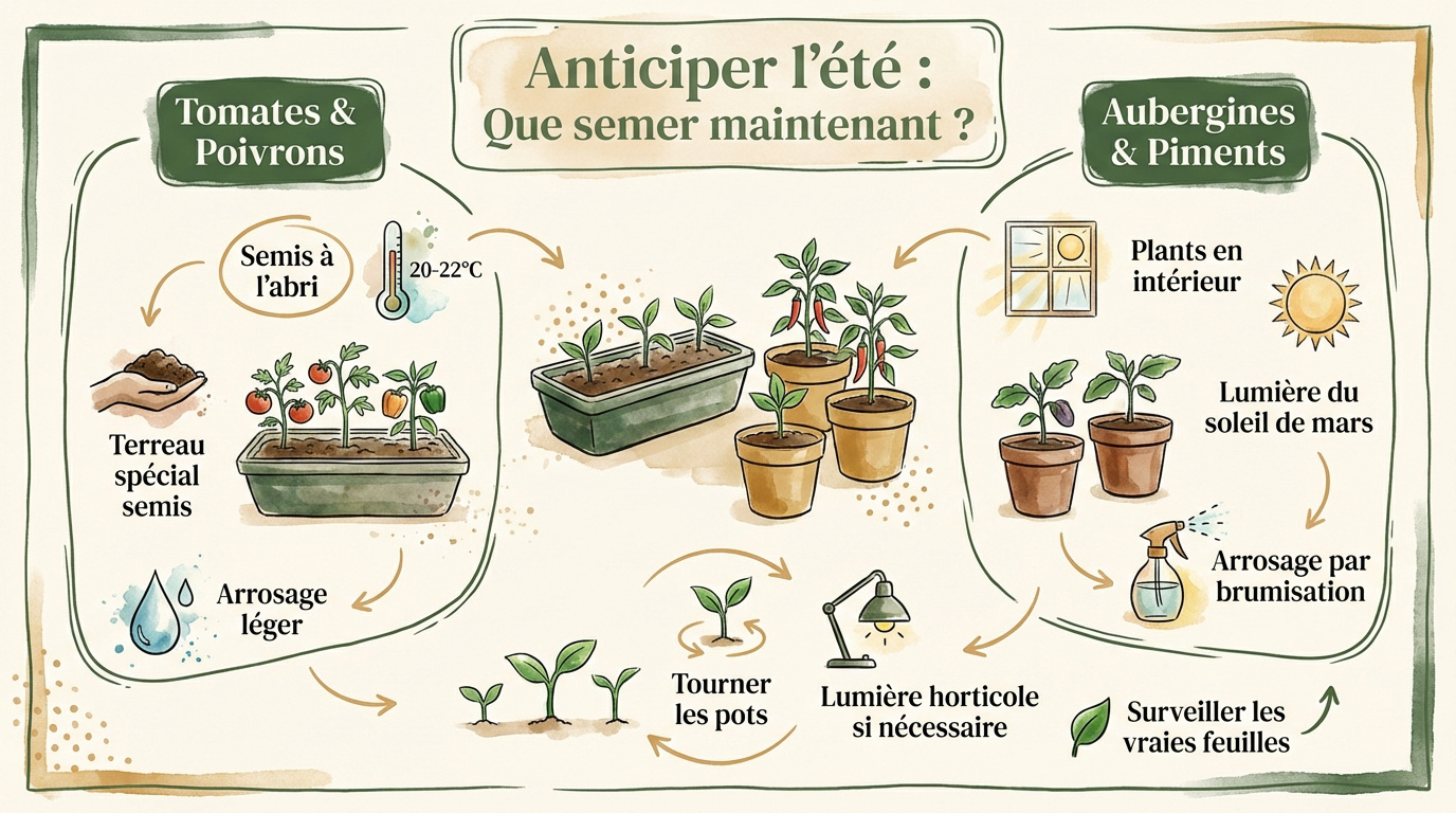 Infographie conseil pour réussir les semis de tomates, poivrons et aubergines à l'intérieur