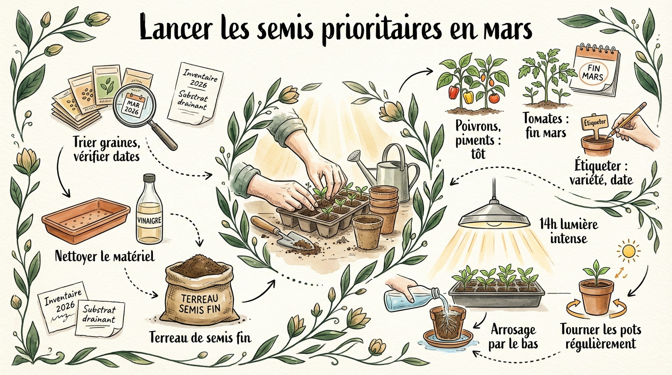 Préparation des semis de légumes en godets à l'intérieur en mars