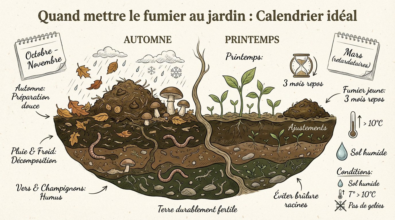 épandage de fumier organique dans un potager familial en automne