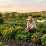 Une personne en chapeau de paille s'occupe d'un potager diversifié au coucher du soleil dans une ferme biologique.