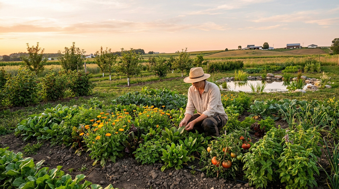 Une personne en chapeau de paille s'occupe d'un potager diversifié au coucher du soleil dans une ferme biologique.