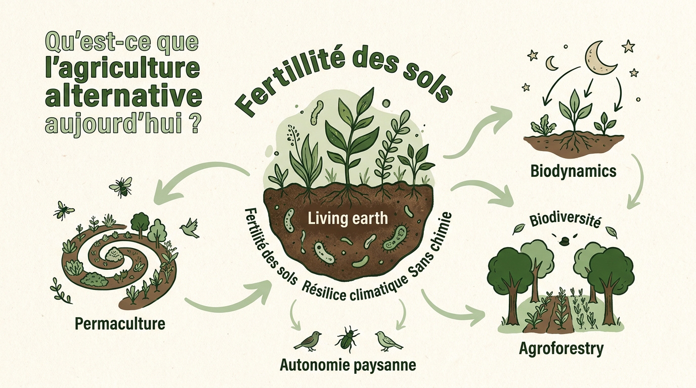 Paysage de ferme en agroécologie avec des cultures diversifiées et des haies