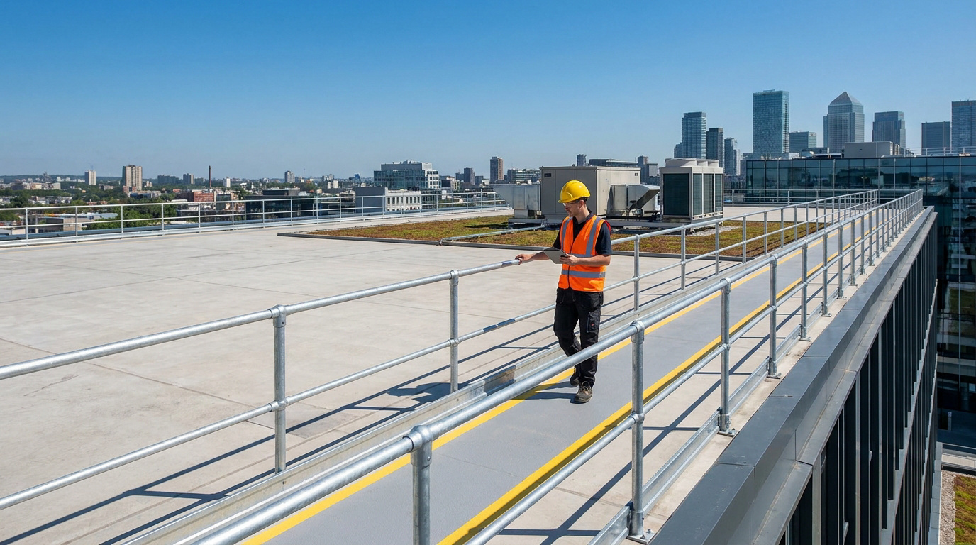 Un technicien portant un casque et un gilet de haute visibilité inspecte une passerelle sécurisée sur un toit urbain.